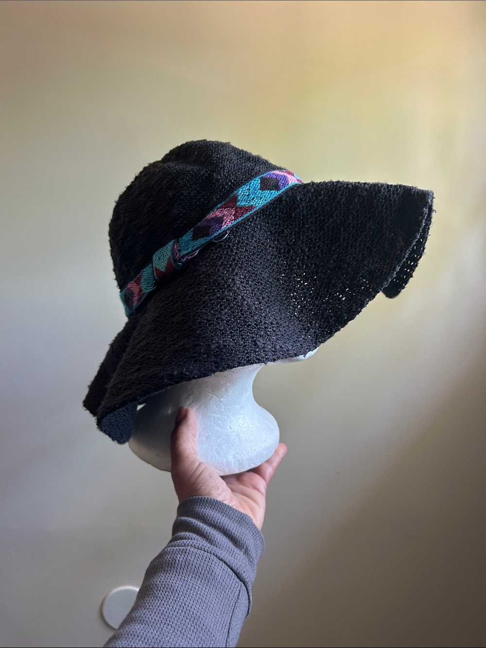 Black Wide-Brim Woven Sun Hat with Aztec Style Turquoise & Purple Band - Picture 2 of 9